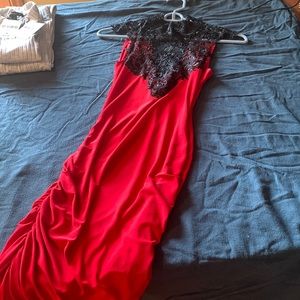 Detailed embroidered Lace upper, open back red below knee dress